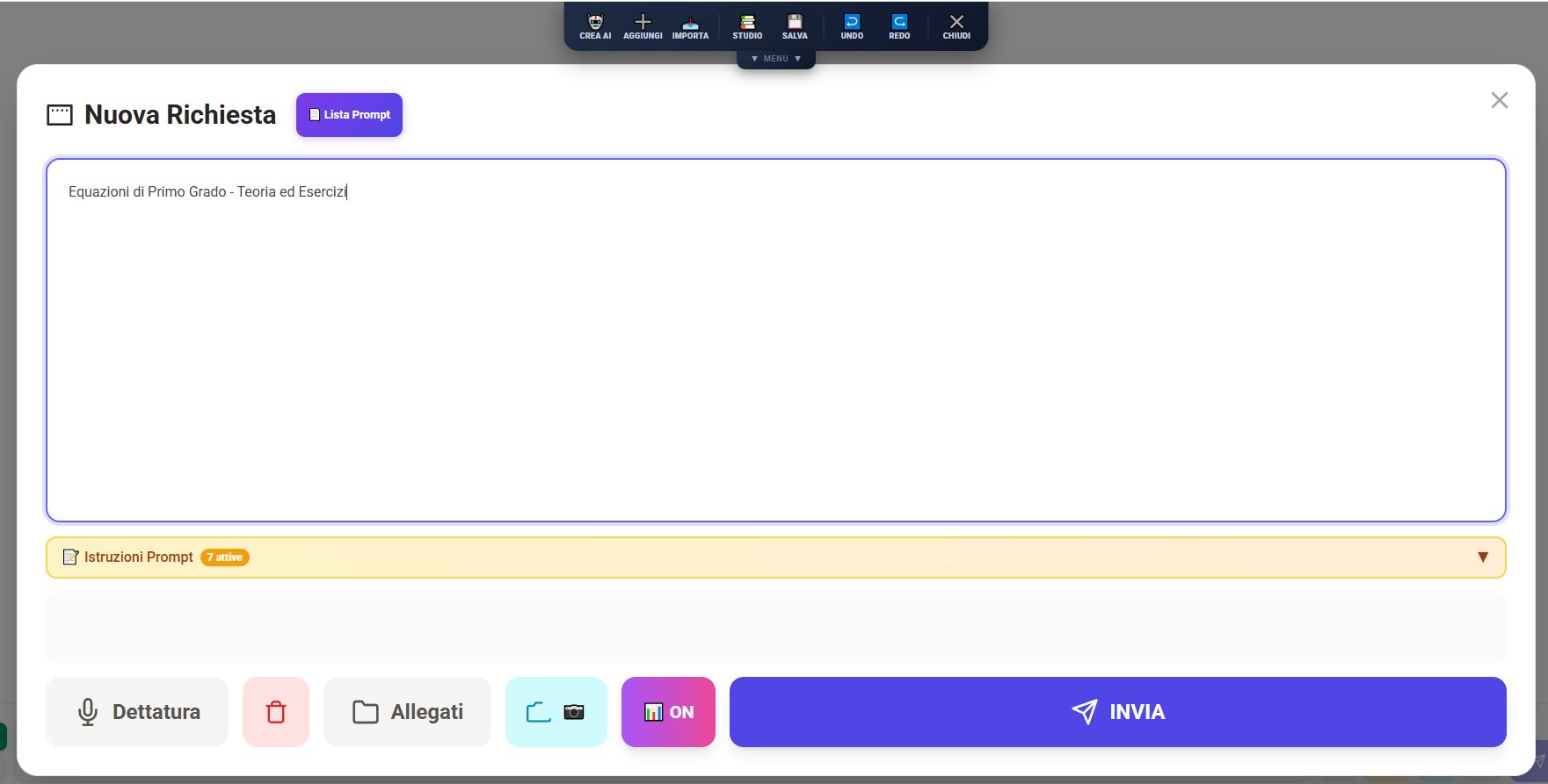 Nuova Richiesta AI — textarea con prompt per Equazioni di Primo Grado