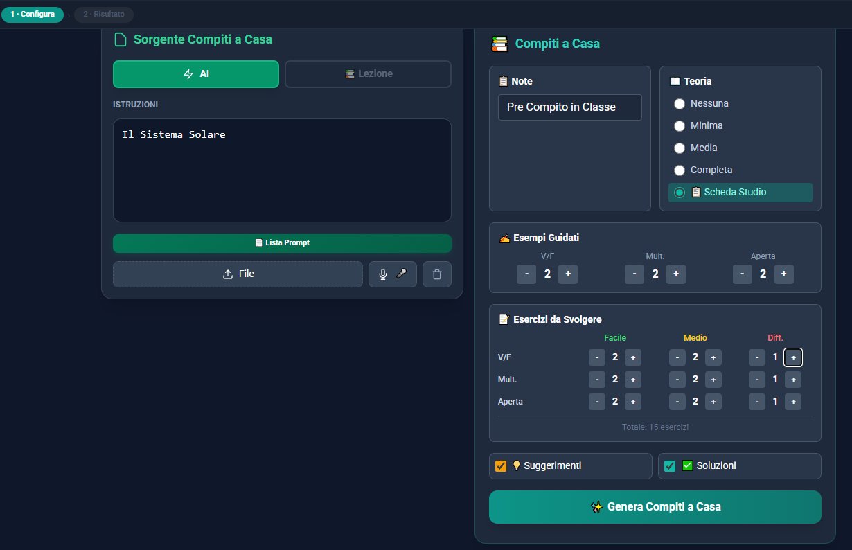 Compiti a Casa — configurazione con scheda studio, esempi guidati e livelli
