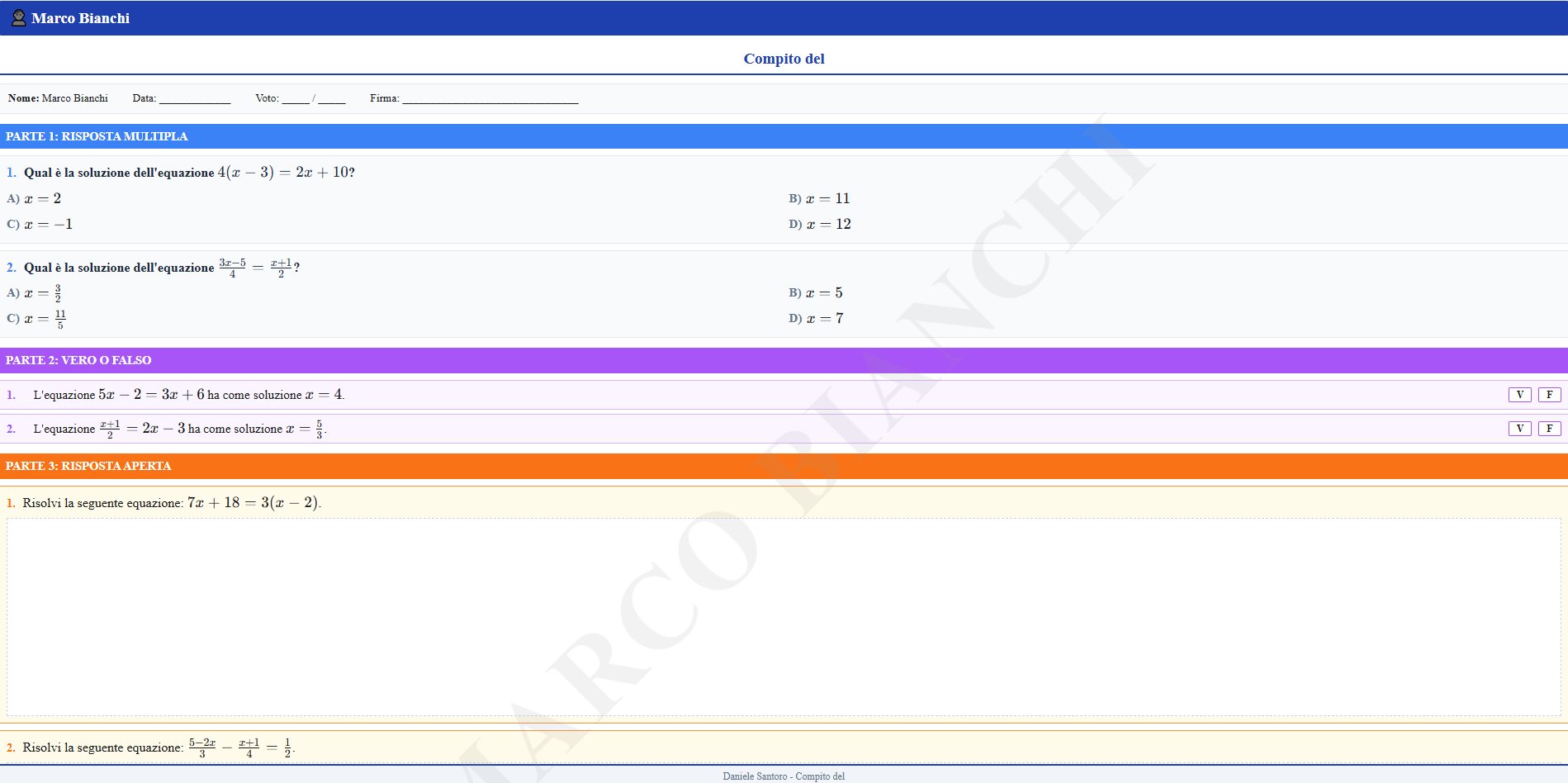 Compito studente Marco Bianchi — verifica equazioni di primo grado con filigrana