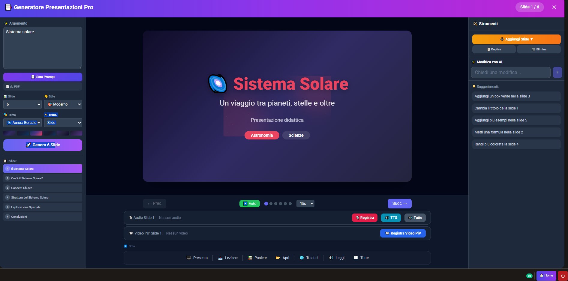 Generatore Presentazioni Pro — slide Sistema Solare con tema Aurora Boreale