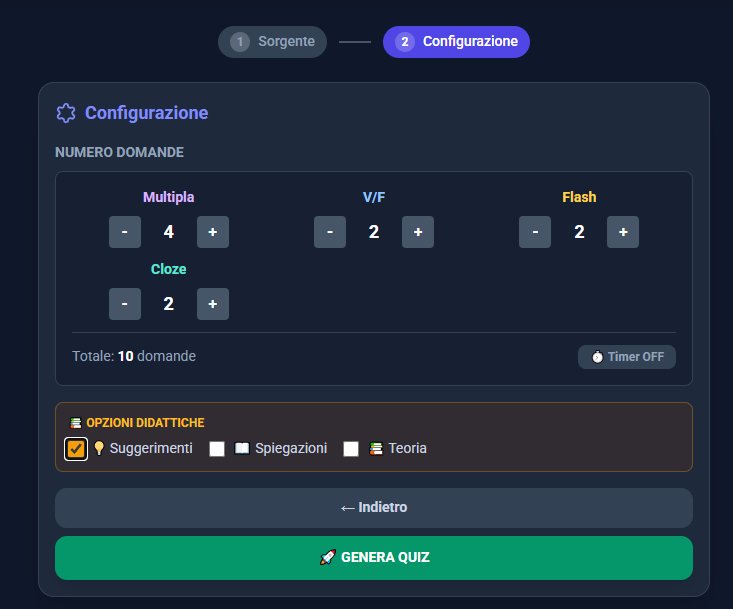 Configurazione quiz — numero domande per tipo con timer e opzioni didattiche