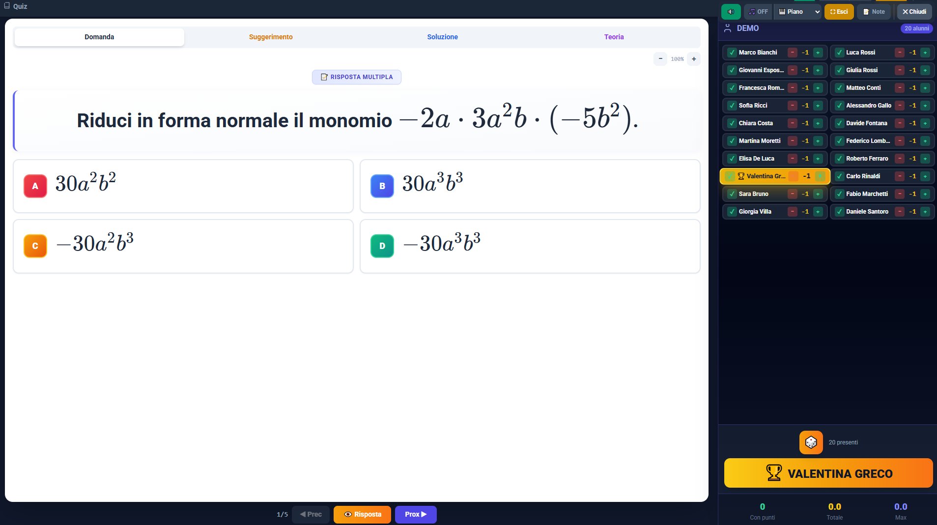 Quiz interattivo — domanda con monomio, punteggi studenti in tempo reale