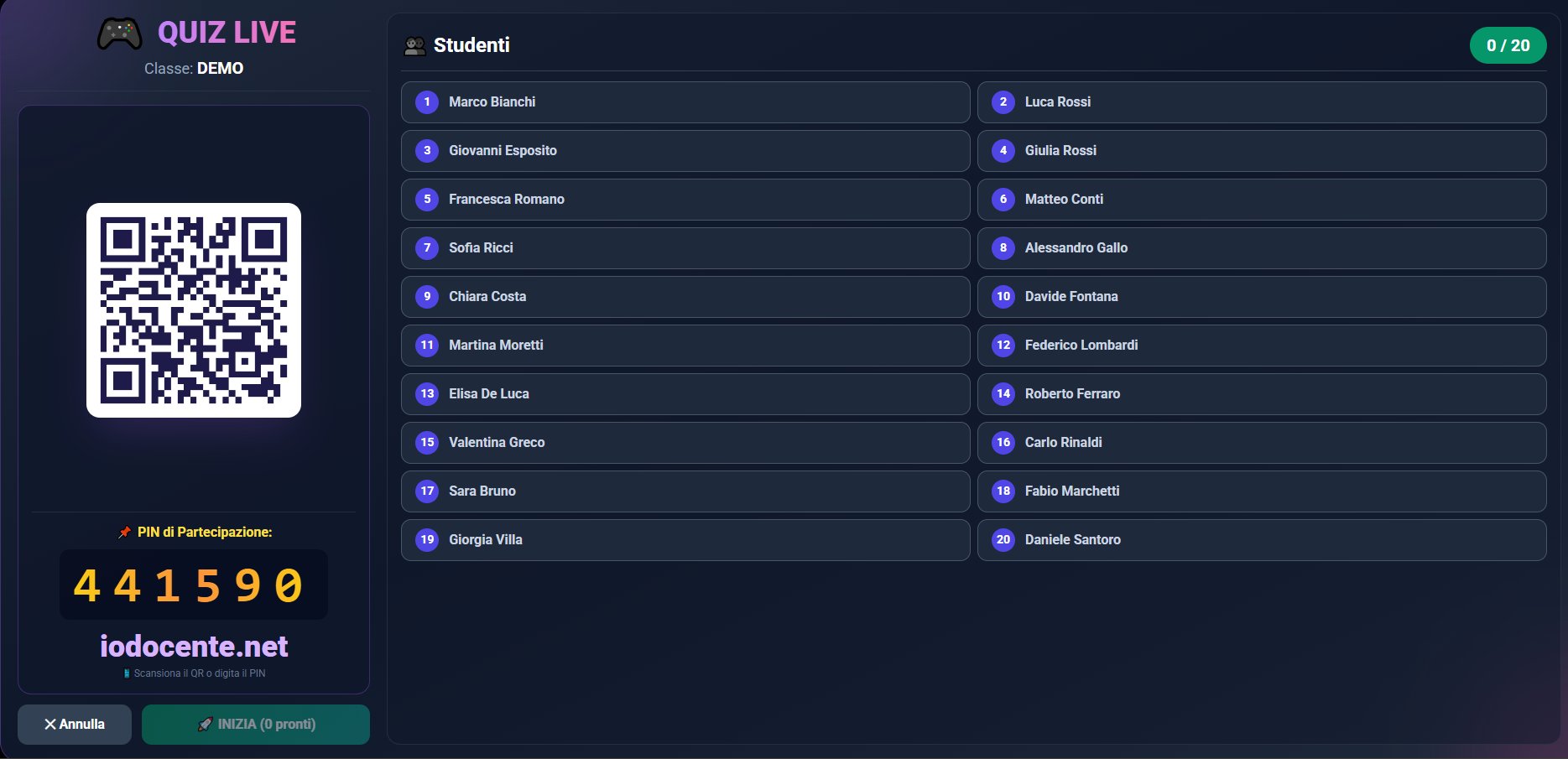 Quiz Live — lista 20 studenti, QR code e PIN di partecipazione