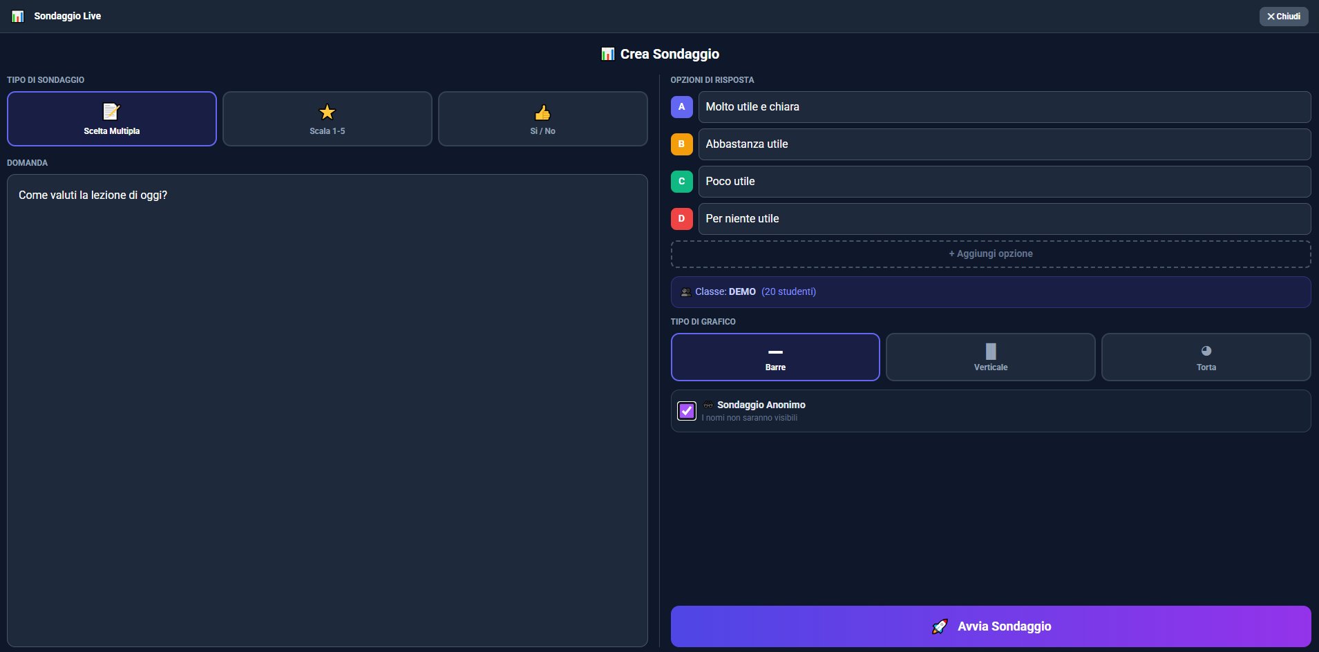 Sondaggio Live — domanda scelta multipla con opzioni e avvia sondaggio
