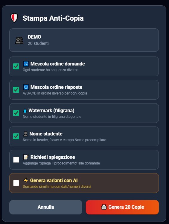 Stampa Anti-Copia — configura mescola domande, filigrana, varianti AI