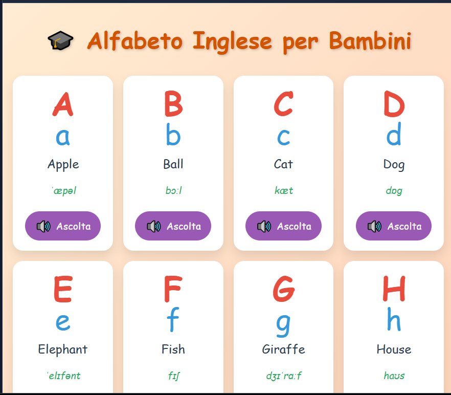 Widget Alfabeto Inglese per Bambini — flashcard con pronuncia e bottone Ascolta